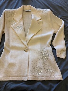 Cream Rhinestone-Embellished Knit Blazer Jacket